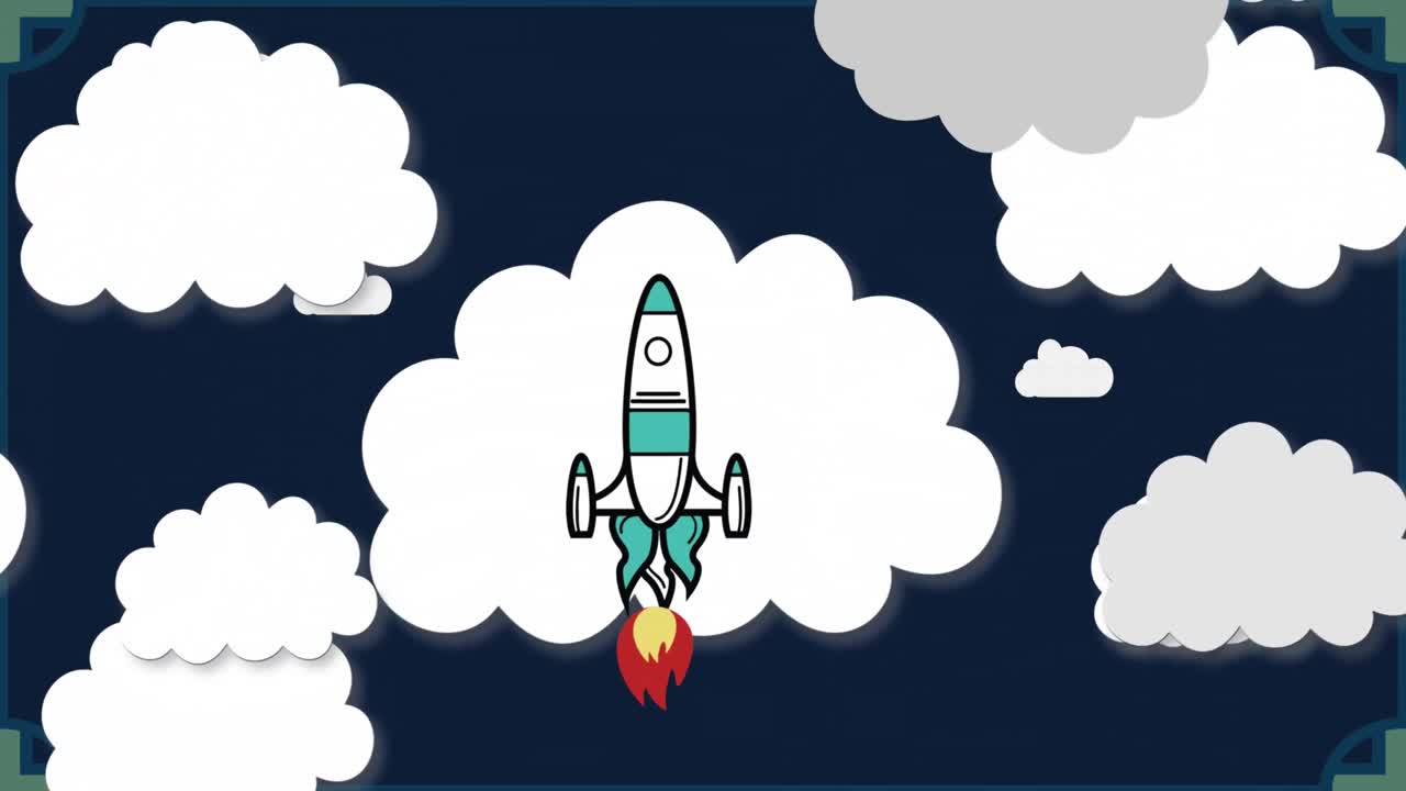 animación de un cohete volando sobre las nubes contra un fondo negro