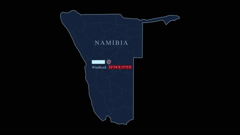 namibia blue map with windhoek capital city and geographic coordinates on black background