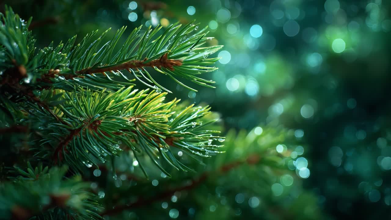 A Close-Up Perspective of Dewy Pine Branches in Nature, Highlighting the Vibrant Green Needles and Sparkling Drops of Water in a Lush Forest Setting