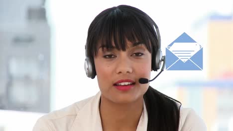 Animation-of-envelope-icon-over-biracial-businesswoman-using-phone-headset