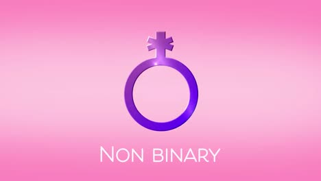 animación de texto no binario, con símbolo no binario púrpura, en rosa