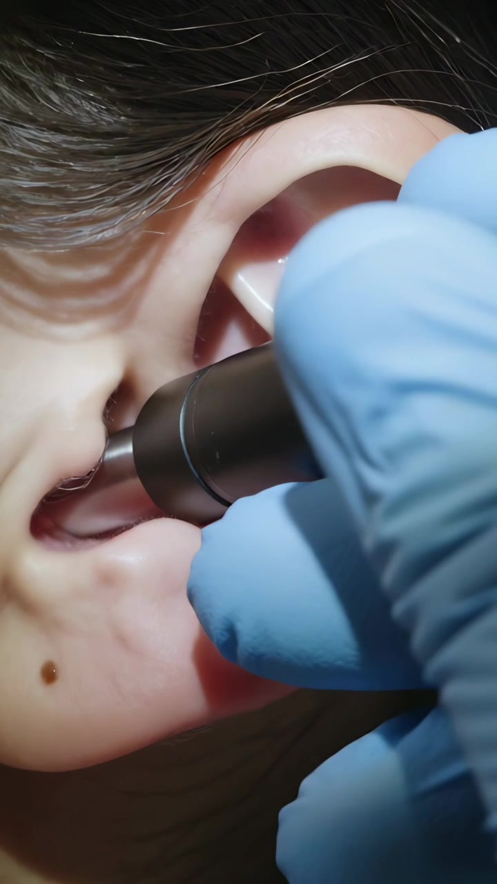 Video verticale: Operatore guantato che si avvicina inserendo uno speculum metallico nell'orecchio in clinica, rimuovendo il cerume.