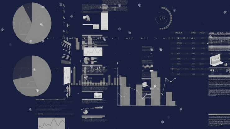 Animation of multiple graphs with data and trading board against black background