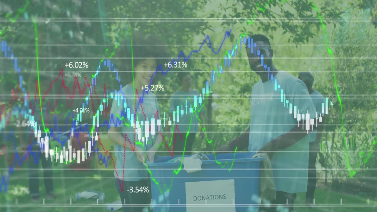 animación de múltiples gráficos sobre personas multirraciales con ropa en la caja de donación.