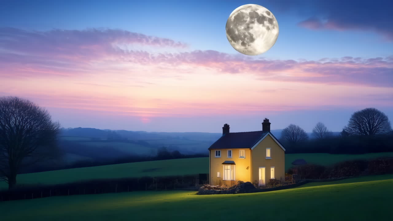 A charming illuminated cottage under a full moon at dusk in the countryside
