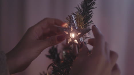 che fissa la stella di natale del nord appariscente su un primo piano dell'albero