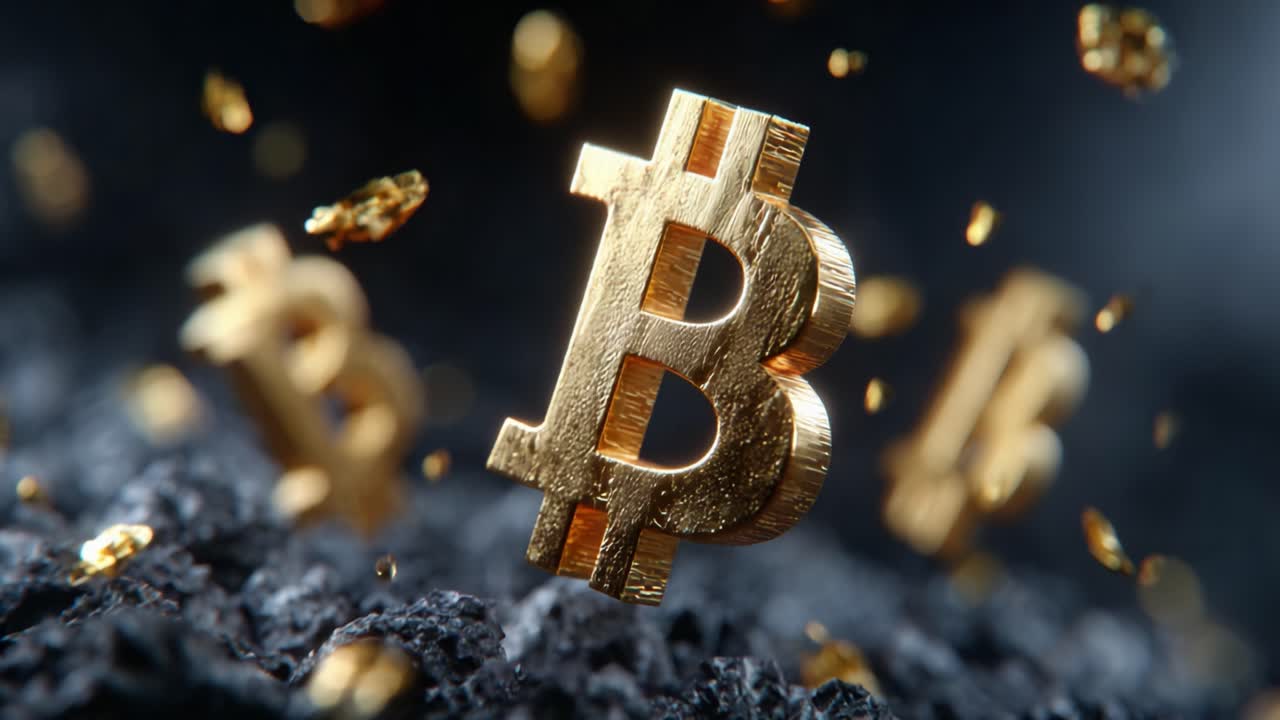 Stunning 3D Representation of Bitcoin Coins Shimmering in a Metallic Atmosphere, Emphasizing the Digital Currency Movement and Its Golden Appeal