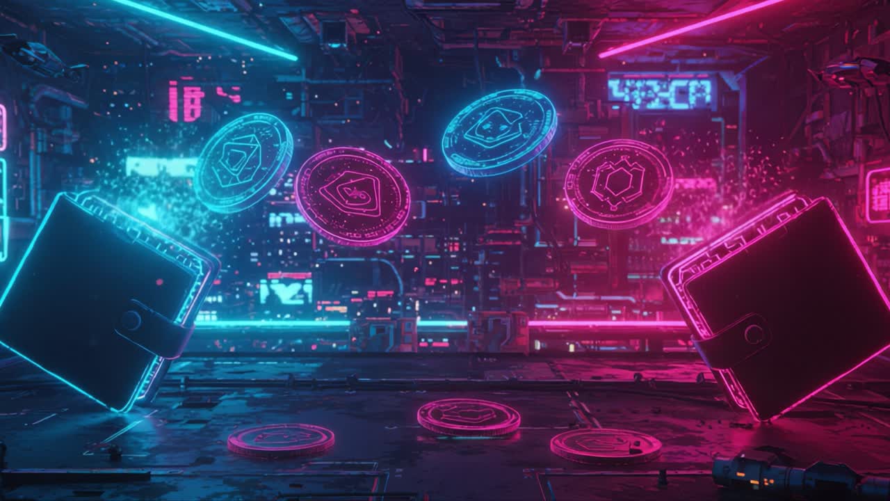Futuristic Neon Wallets and Floating Tokens in a Digital Realm with Vibrant Hues of Blue and Pink Lighting Creating a High-Tech Atmosphere