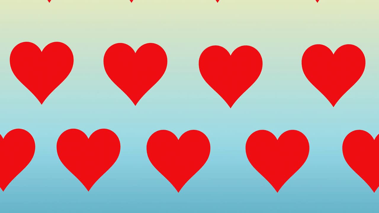 Composition of rows of red hearts moving on blue background