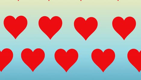 composición de filas de corazones rojos que se mueven sobre un fondo azul