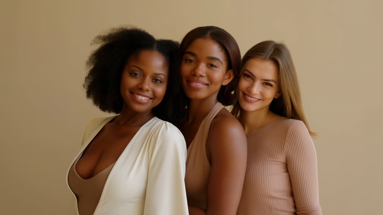 Três mulheres diversas sorrindo e posando em estúdio