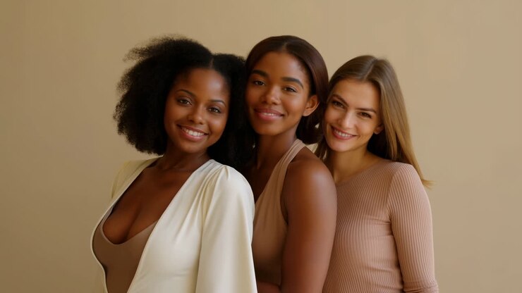Tre donne diverse che sorridono e posano in studio