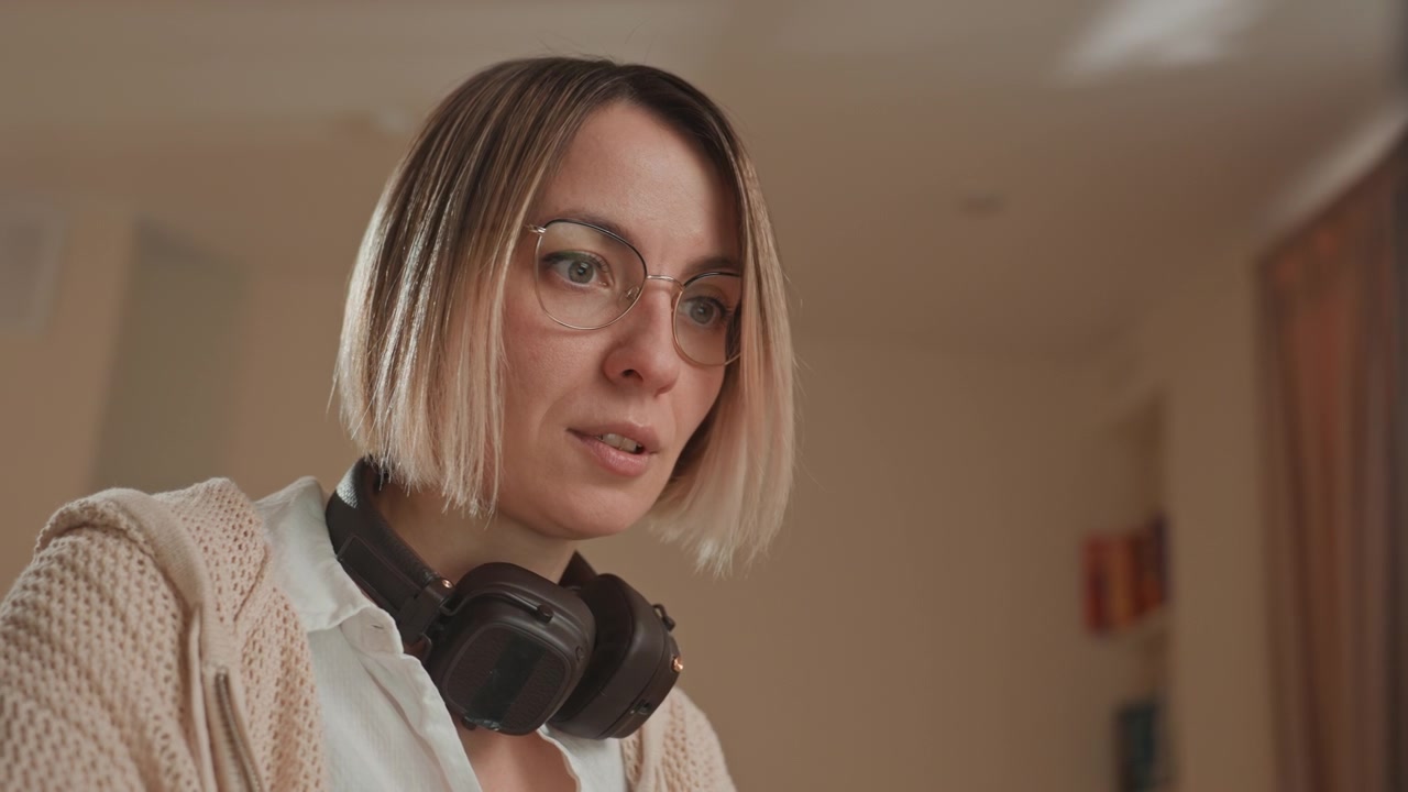 Donna con cuffie al laptop, produttrice riflessiva in pausa durante una sessione di registrazione casalinga, cardigan e occhiali, luce diurna soffusa attraverso le tende, riascoltando la traccia, emozione sottile e creatività