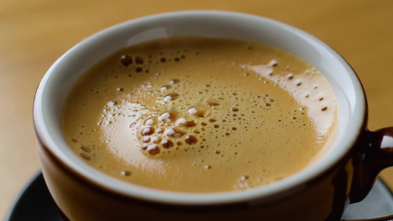 Mostrando una tazza di ceramica su un piattino scuro, con bolle di crema che si uniscono su un tavolo di legno, e riflessi che cambiano.