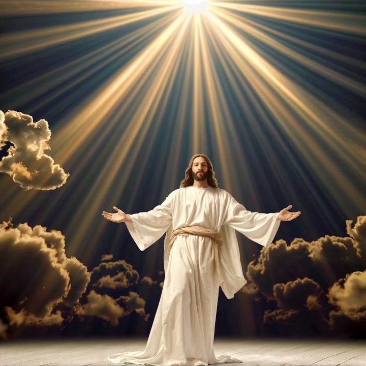 Gesù Cristo in piedi a braccia aperte sotto una luce radiosa