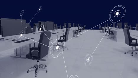 Animation-of-network-of-conncetions-with-icons-over-office-interior-with-desks-and-computers