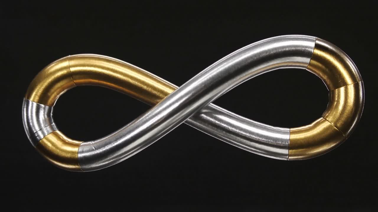 Playback starting metal figure8 tube rotating clockwise in studio, showing gold and silver seams