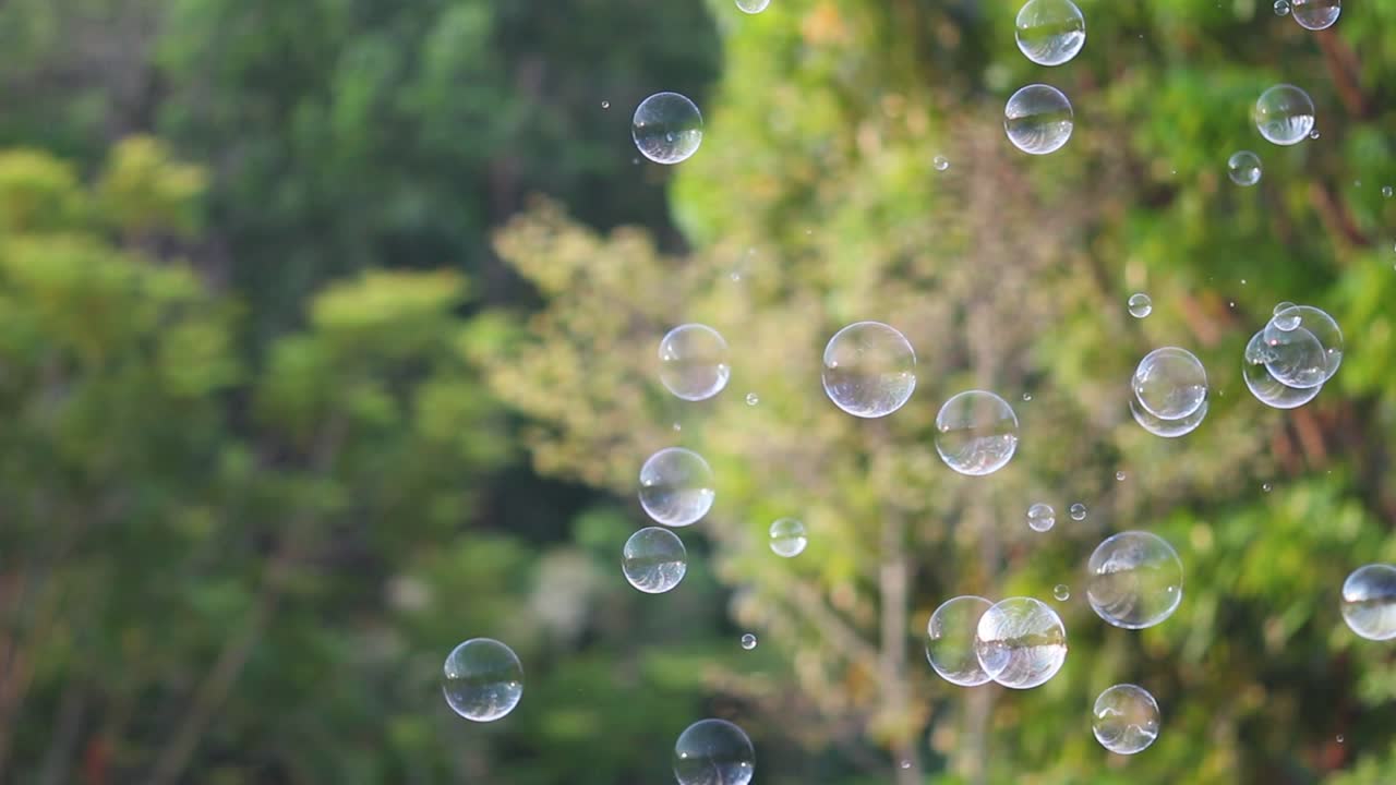 Soap bubbles floating in the air with natural green blurred bokeh background for children and kids