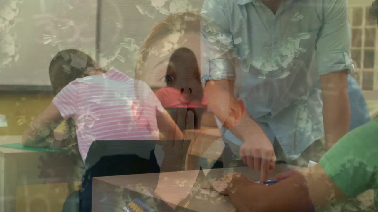 카우카스족 학생과 코로나 바이러스 세포가 교사와 학생을 는 애니메이션