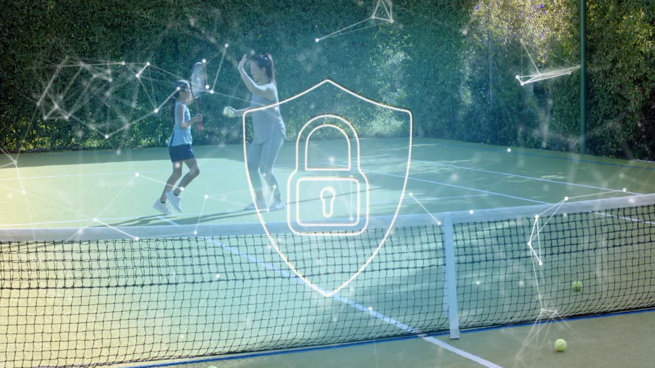 Coach feeding ball and guiding child in tennis, showing racket strokes for skill while lock overlay