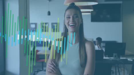 animación del procesamiento de datos estadísticos contra el retrato de una mujer caucásica sonriendo en la oficina