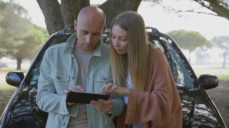 Coppia che usa un tablet digitale vicino all'auto.
