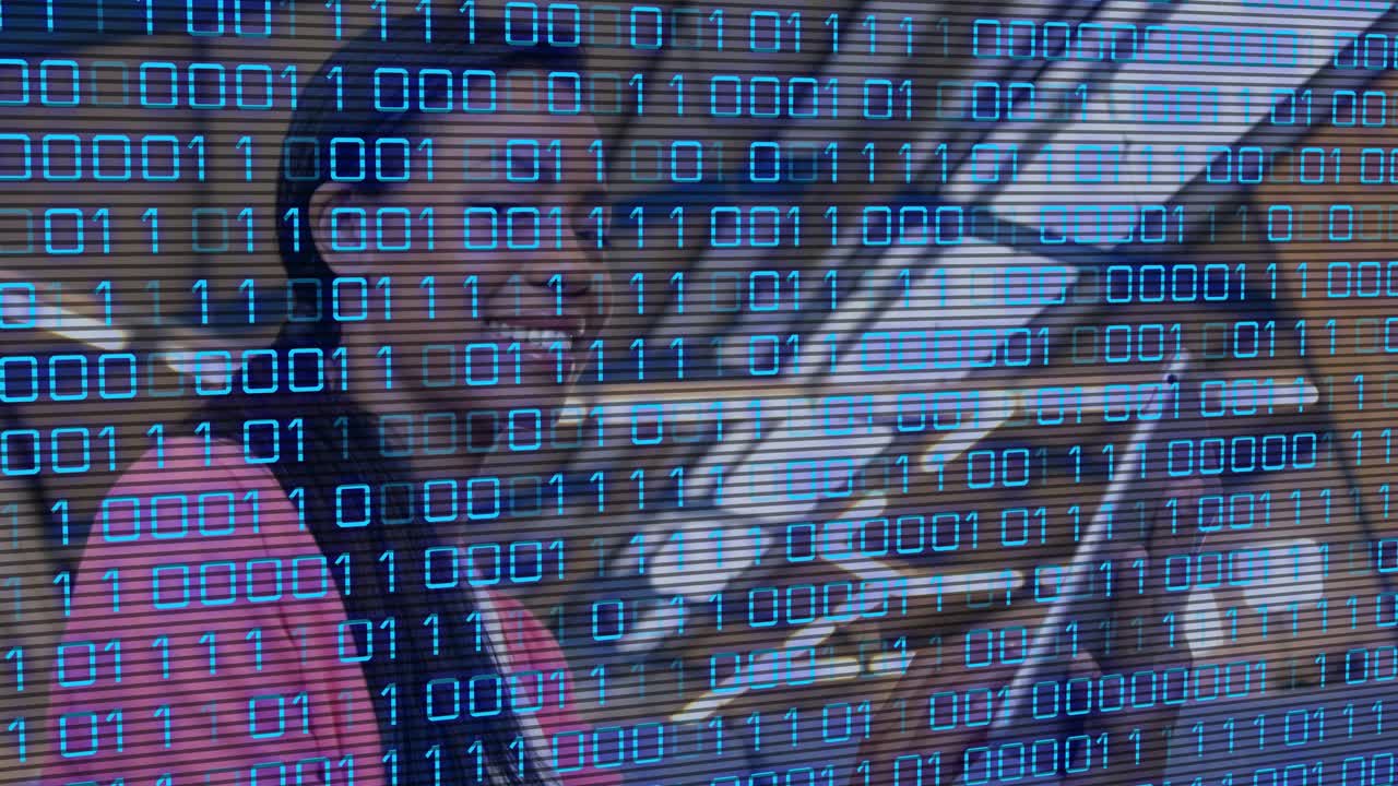 Woman commuter initiating glance scanning aisle in transit car with binary overlay covering view