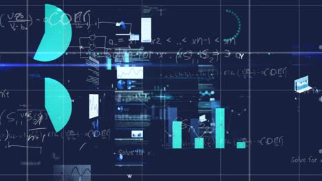 animation of graphs and loading circles over mathematical equation against black background