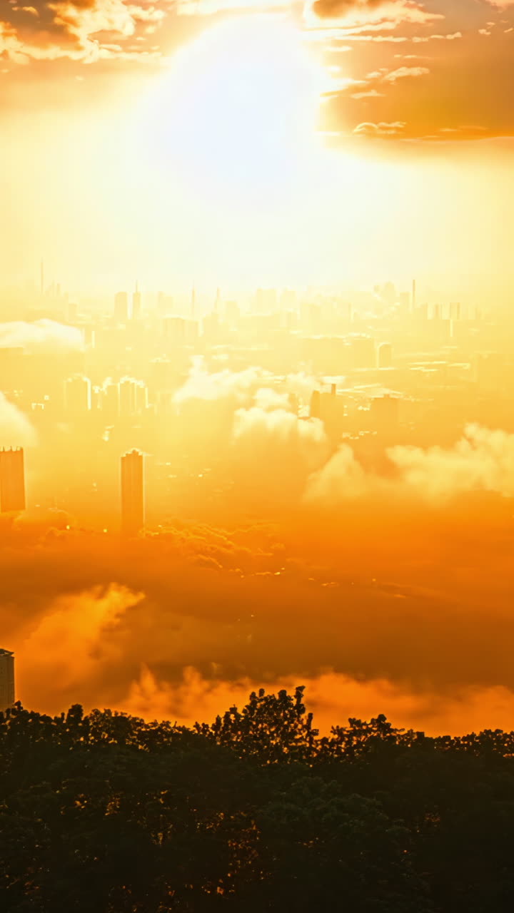 A city skyline is seen in the background with a large sun in the foreground. The sun is surrounded by a cloud of smoke, giving the impression of a fiery sun