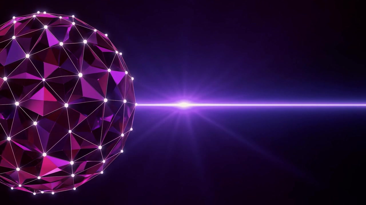 Abstract Purple Geometric Sphere with Glowing Light Beam