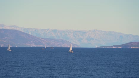 amazing view of sailboats in adriatic sea with mountainous coast in the background