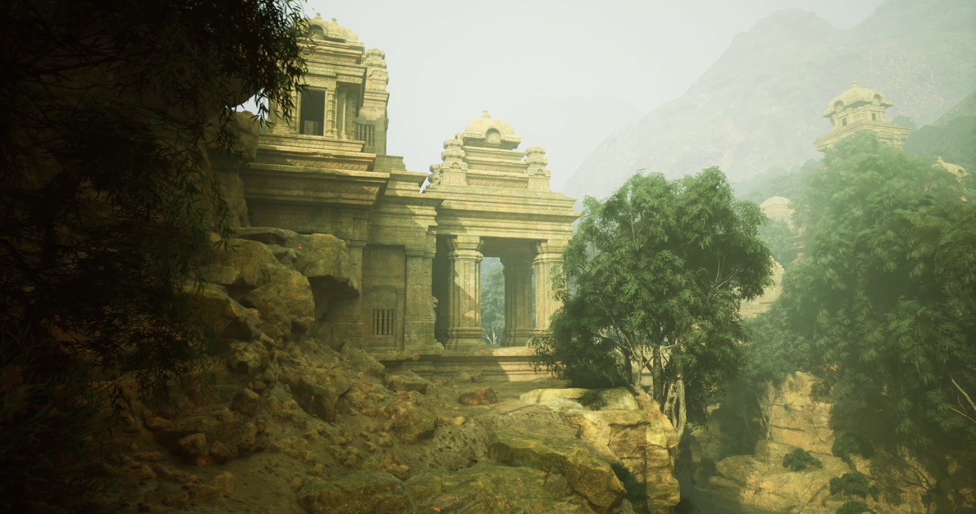 Ancient temple nestled in misty mountains surrounded by lush greenery
