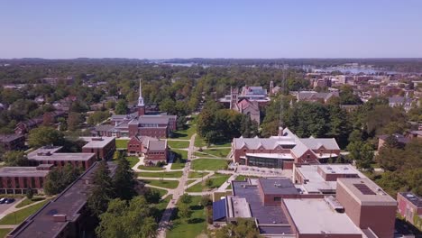 forward aerial of old buildings, lawns and trees at hope college, mi