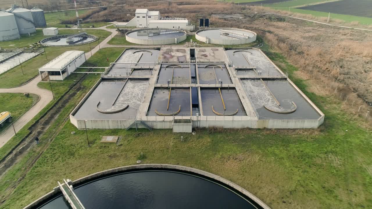 Sewage waste water separation tanks. Camera flies far away