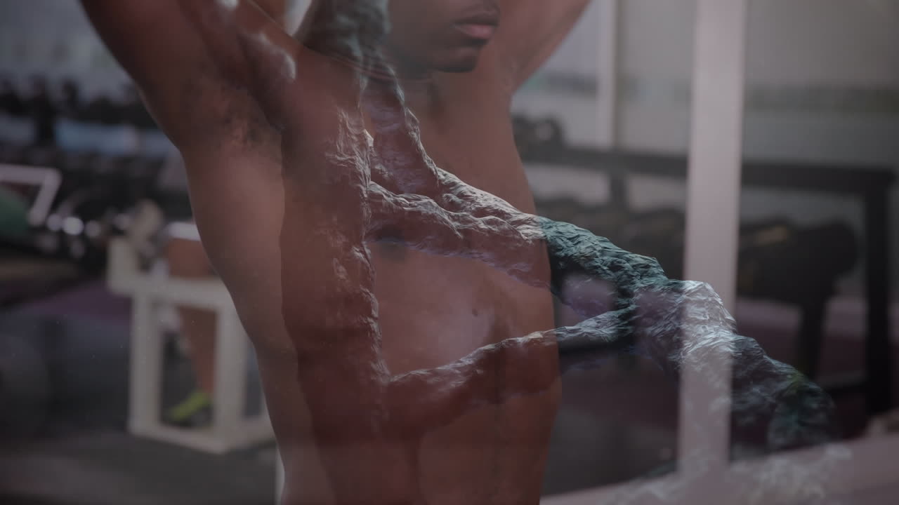 animación de una cadena de adn girando sobre un hombre en forma haciendo ejercicio con pesas