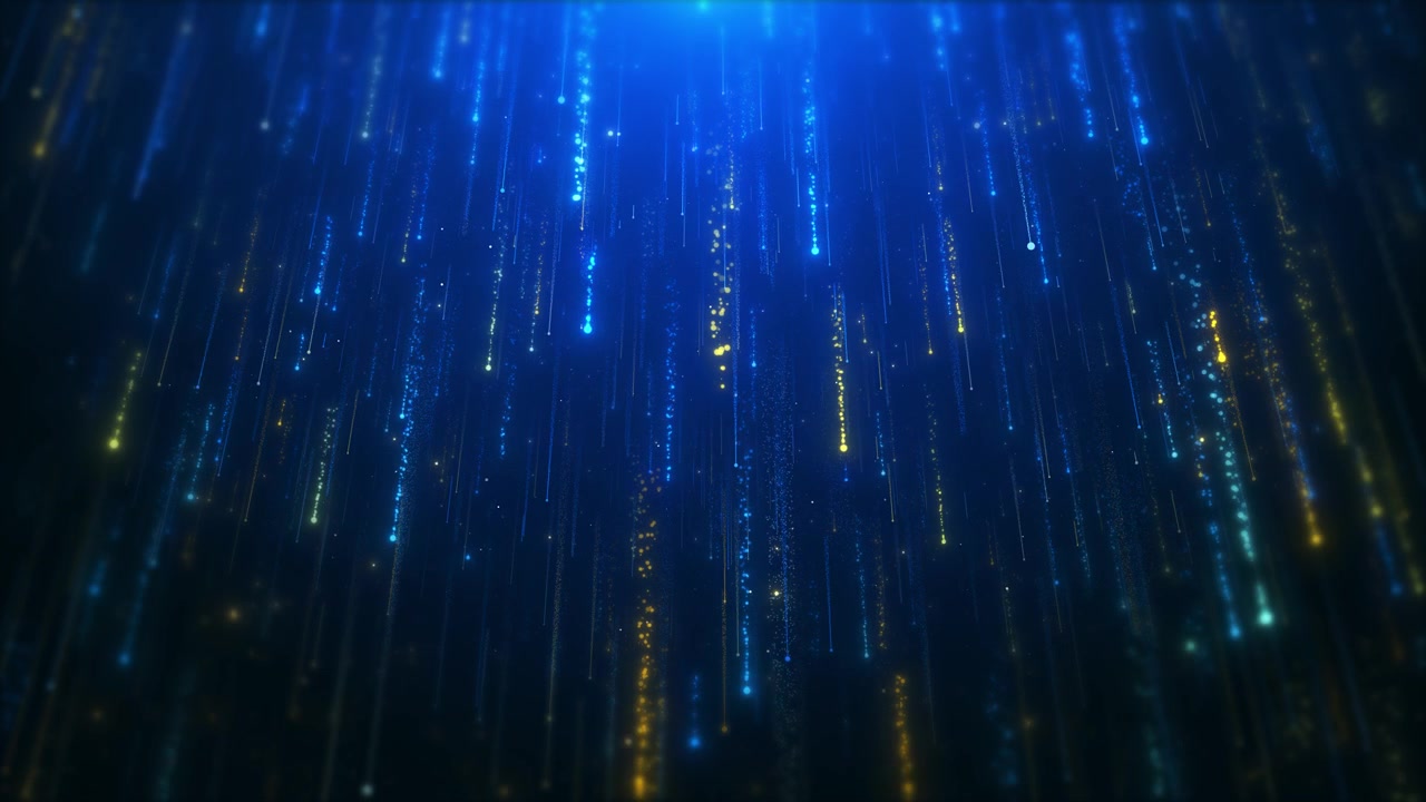 Blue falling light rain background cyan and yellow particle streaks soft glow and digital depth tech