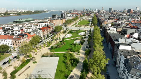 Beautiful-Antwerp-aerial-cityscape-over-Park-Zuiderdokken,-downtown-with-commercial-buildings