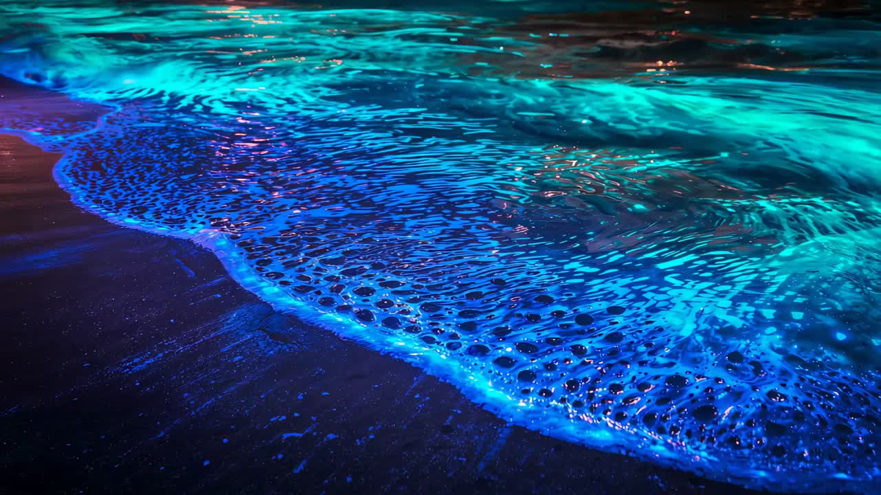 Advancing glowing waves forming foamy crests on shore, leaving bubble patterns on wet sand