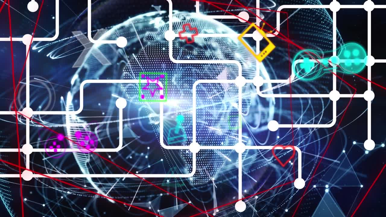 Animation of globe of network of connections with icons over world map