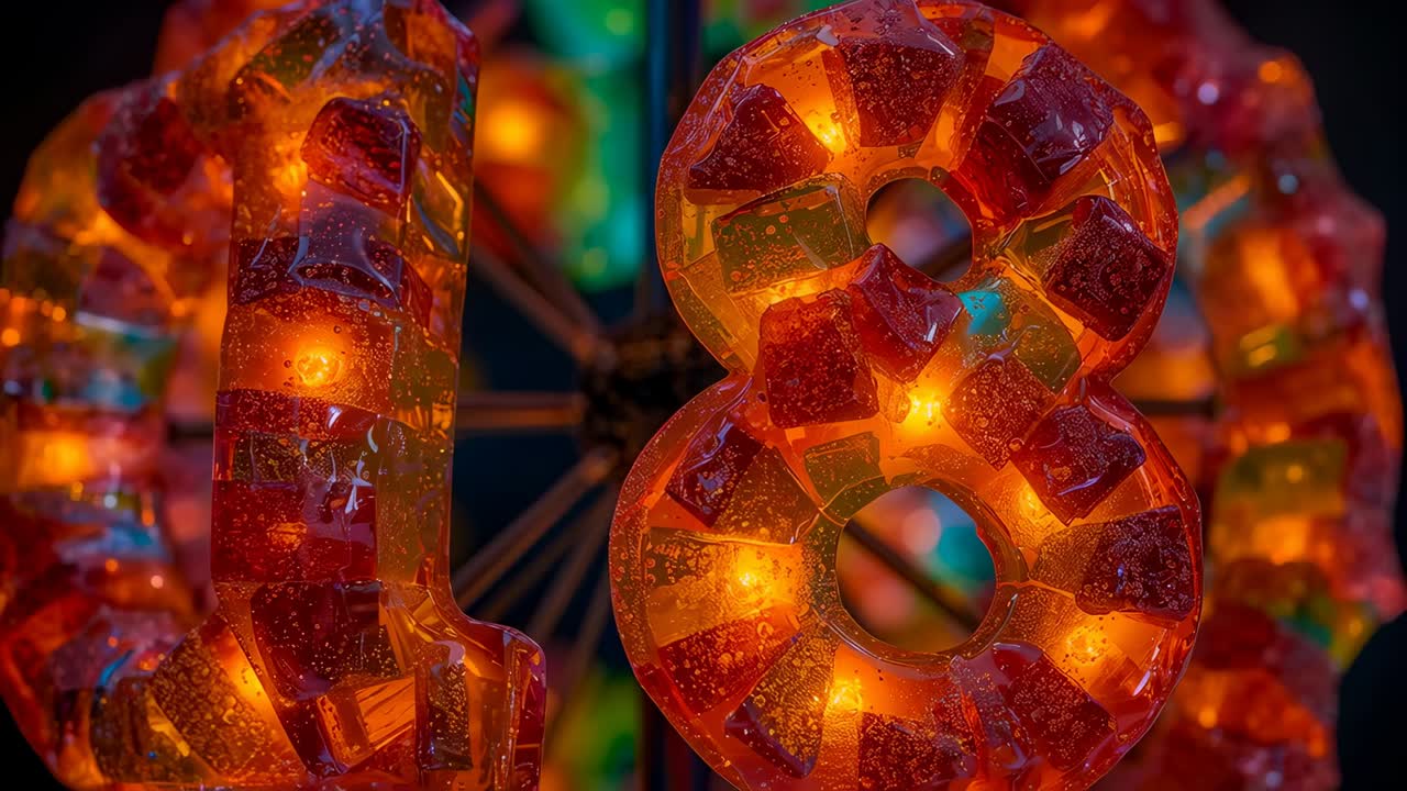 Camera pushing in, revealing resin 18 sign glowing with warm LEDs at market stall showing texture