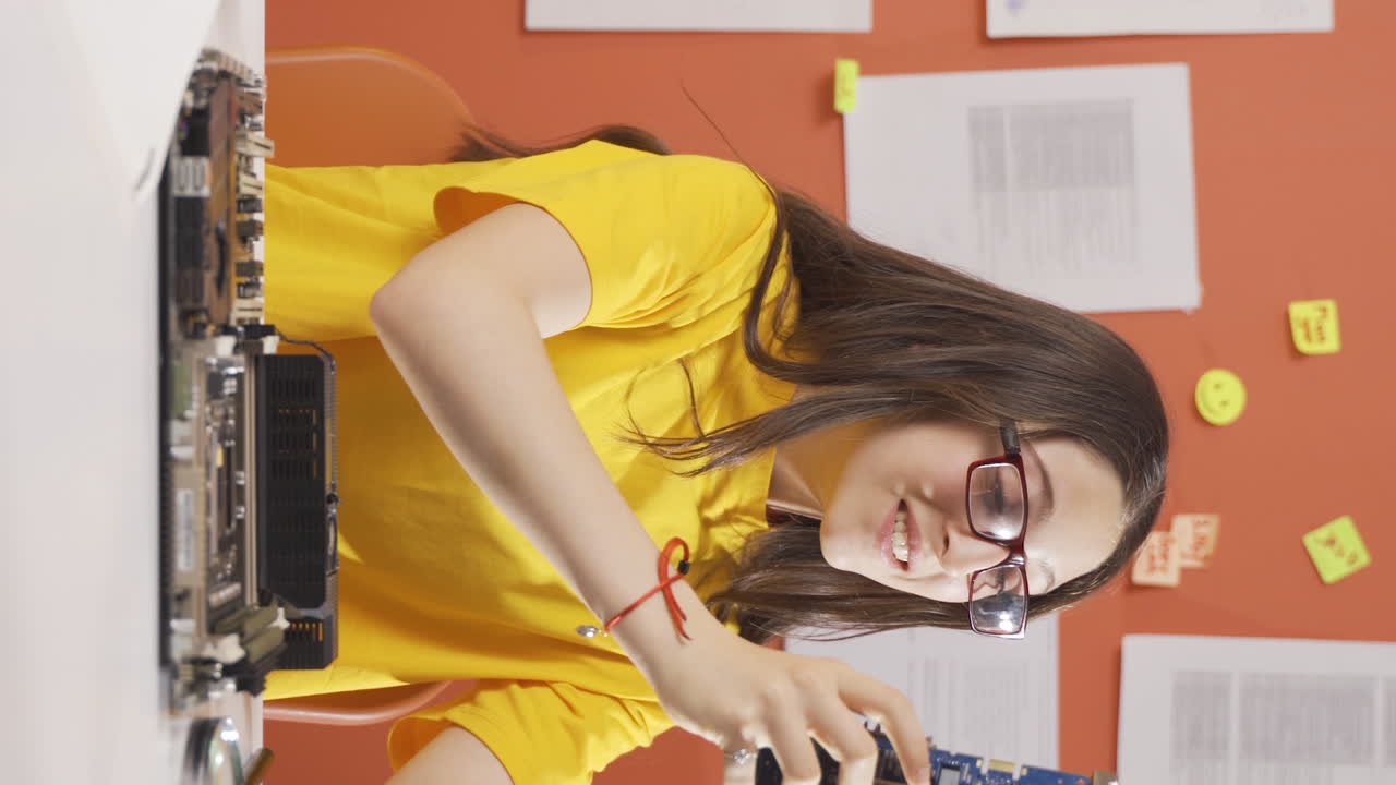 video vertical de una niña inteligente y feliz trabajando con materiales tecnológicos.
