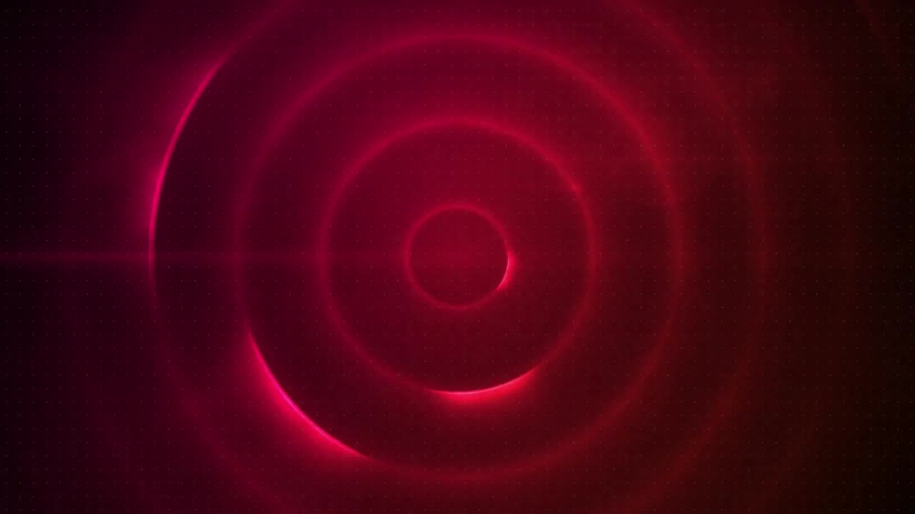 Digital animation round neon scope scanning over circles forming against red background