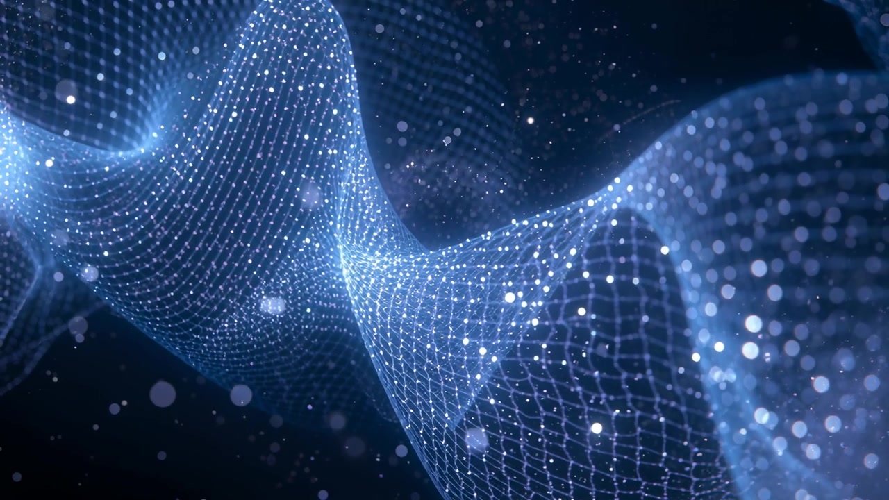 Sequence starting, glowing blue mesh ribbon undulating and pulsing in navy void, particles drifting