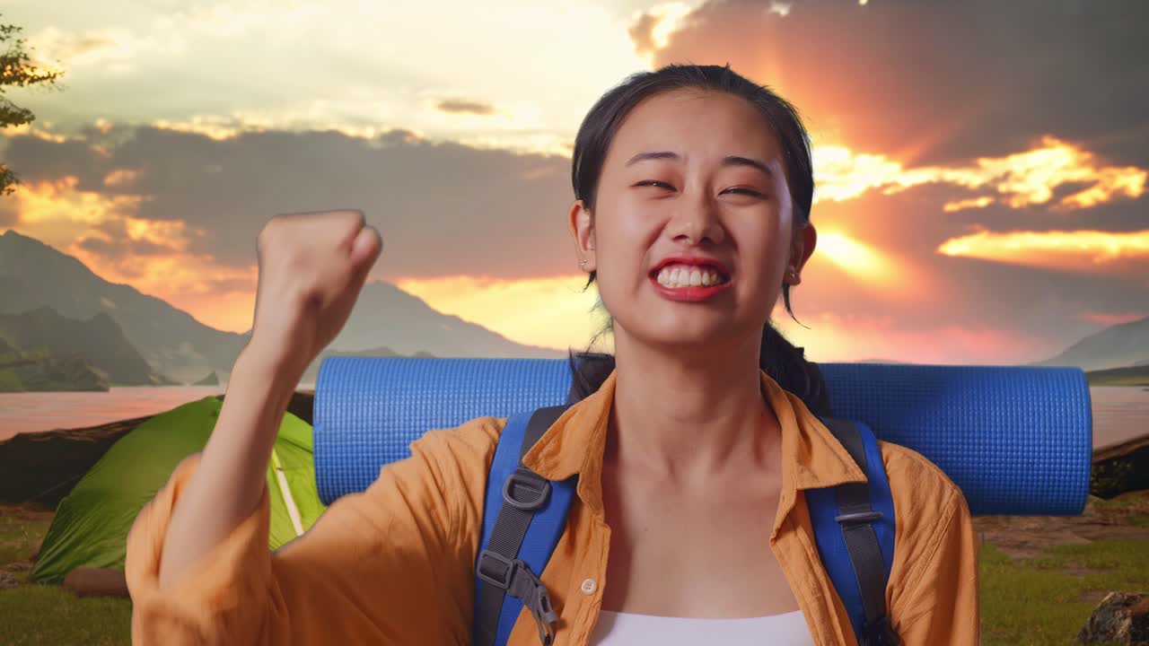 Excited Woman Camper at Sunrise