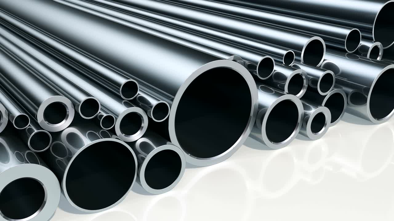 Stack of steel pipes, loop animation. 3D rendering