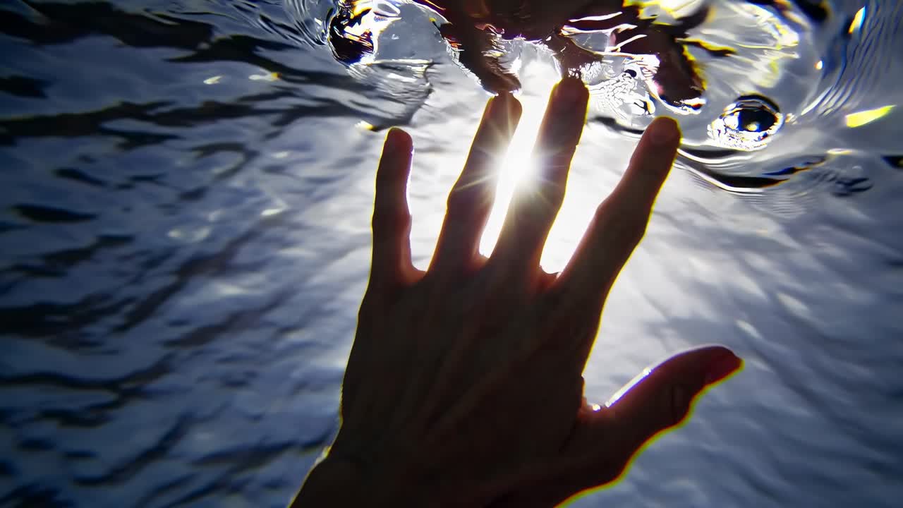 A dramatic underwater video shot from below, capturing a hand reaching towards the surface