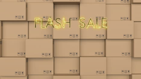 neon yellow flash sale text banner against stack of delivery boxes in background