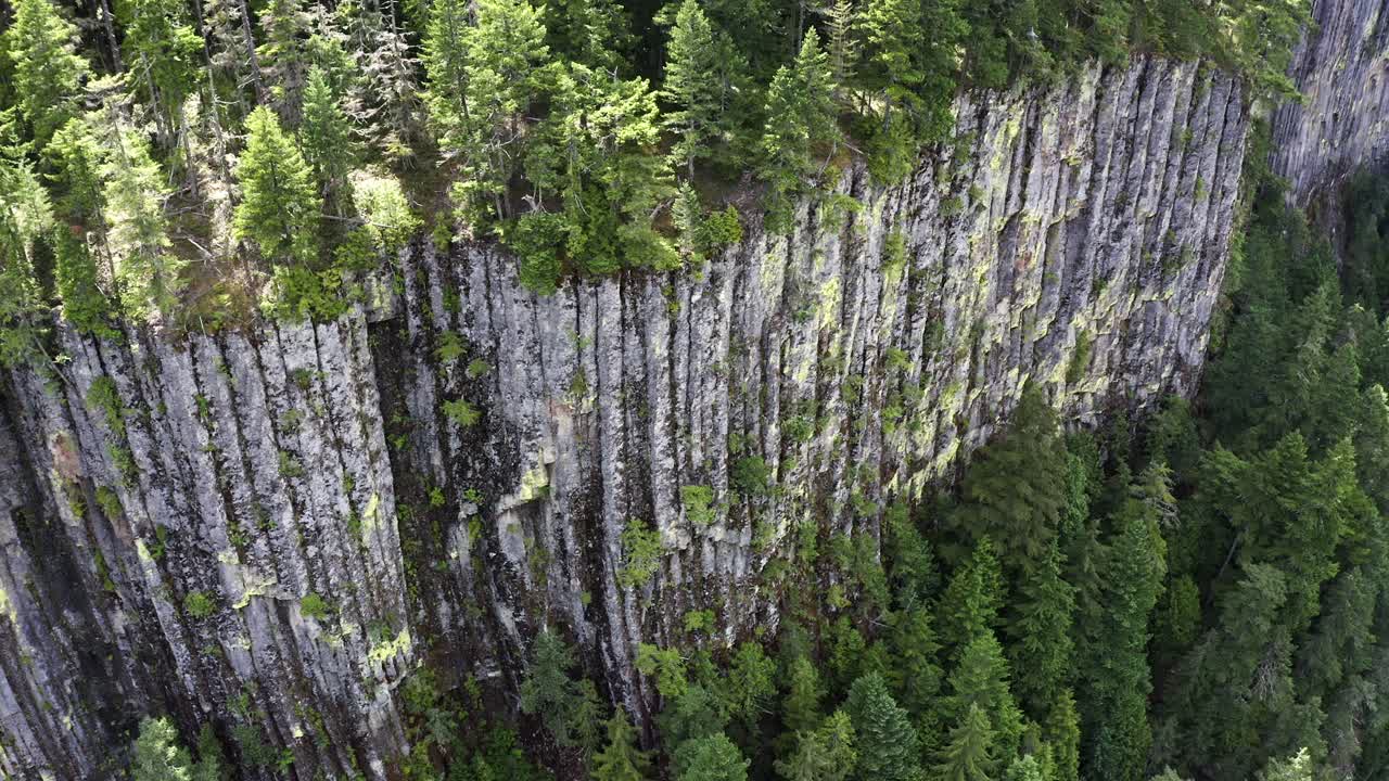 Aerial scenic shot of dense Evergreen forest and rugged cliffs in the Pacific Northwest, Washington State.