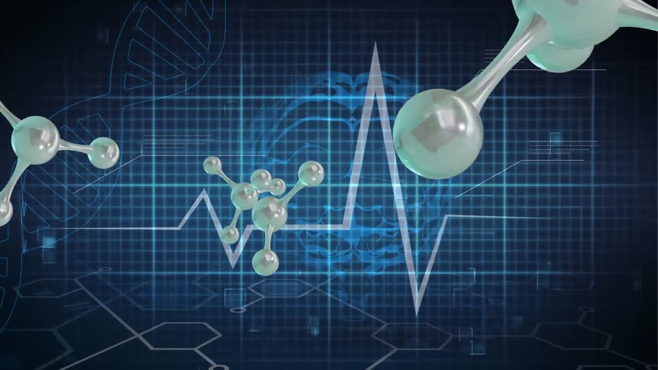 검은색 배경 위의 분자 모델과 그리드의 마이크로의 애니메이션