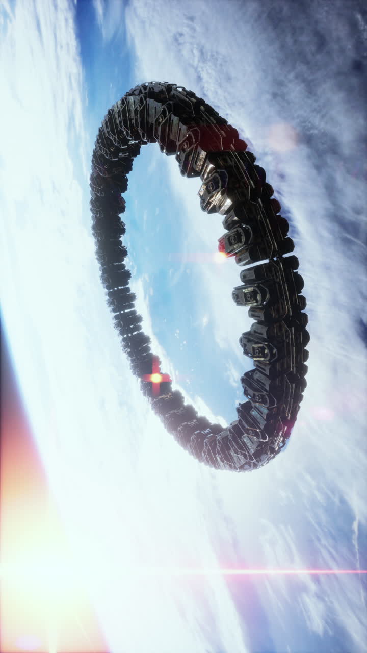 una gigantesca nave spaziale a forma di anello nello spazio, sopra le nuvole, che guarda giù sul pianeta.